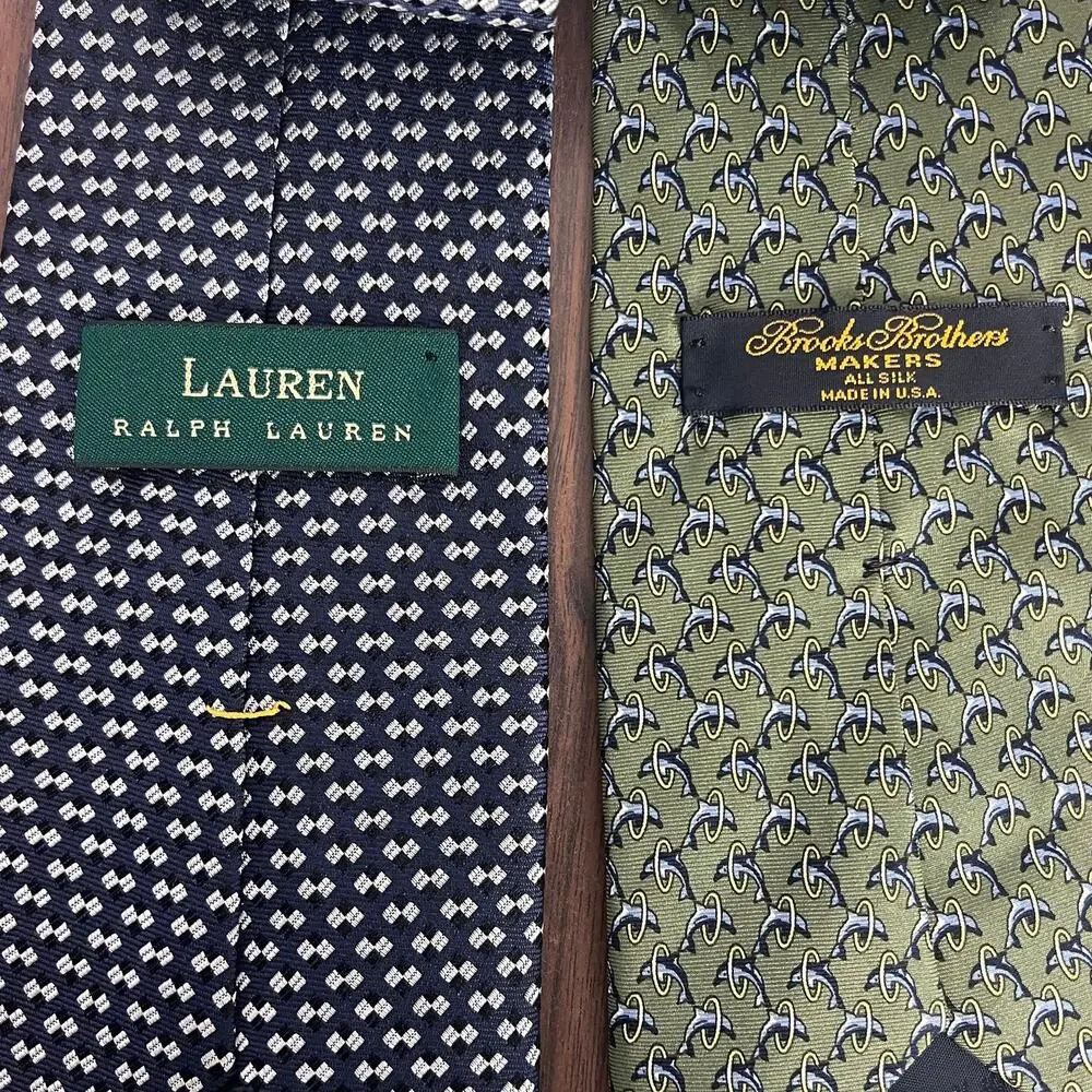 Lot 2 Brooks Brothers Ralph Lauren Mens 100% Silk‎ Ties Dolphin Geometric USA